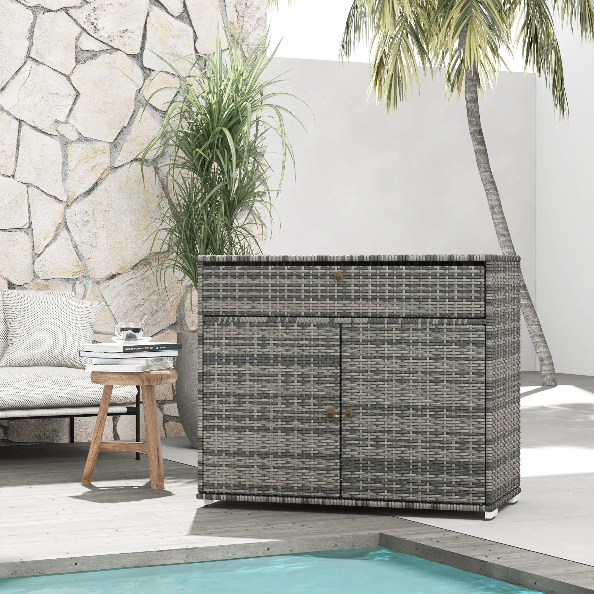 Outdoor Storage Cabinet, Wicker 2-Door, PE Rattan, Grey Patio Storage Boxes at Gallery Canada