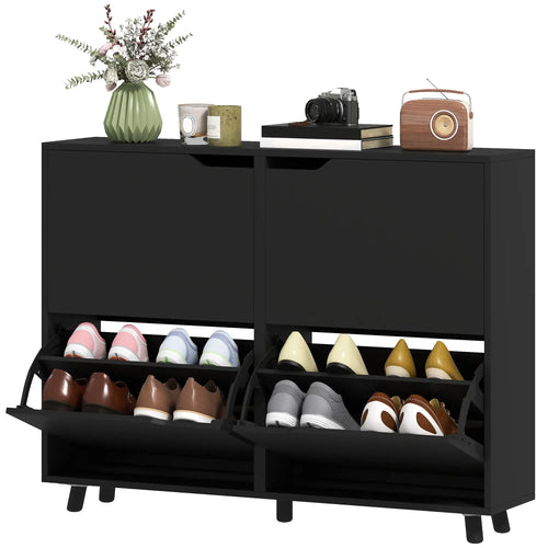 Narrow Shoe Cabinet, 4 Flip Drawers, Adjustable Shelves, 16 Pairs, Black