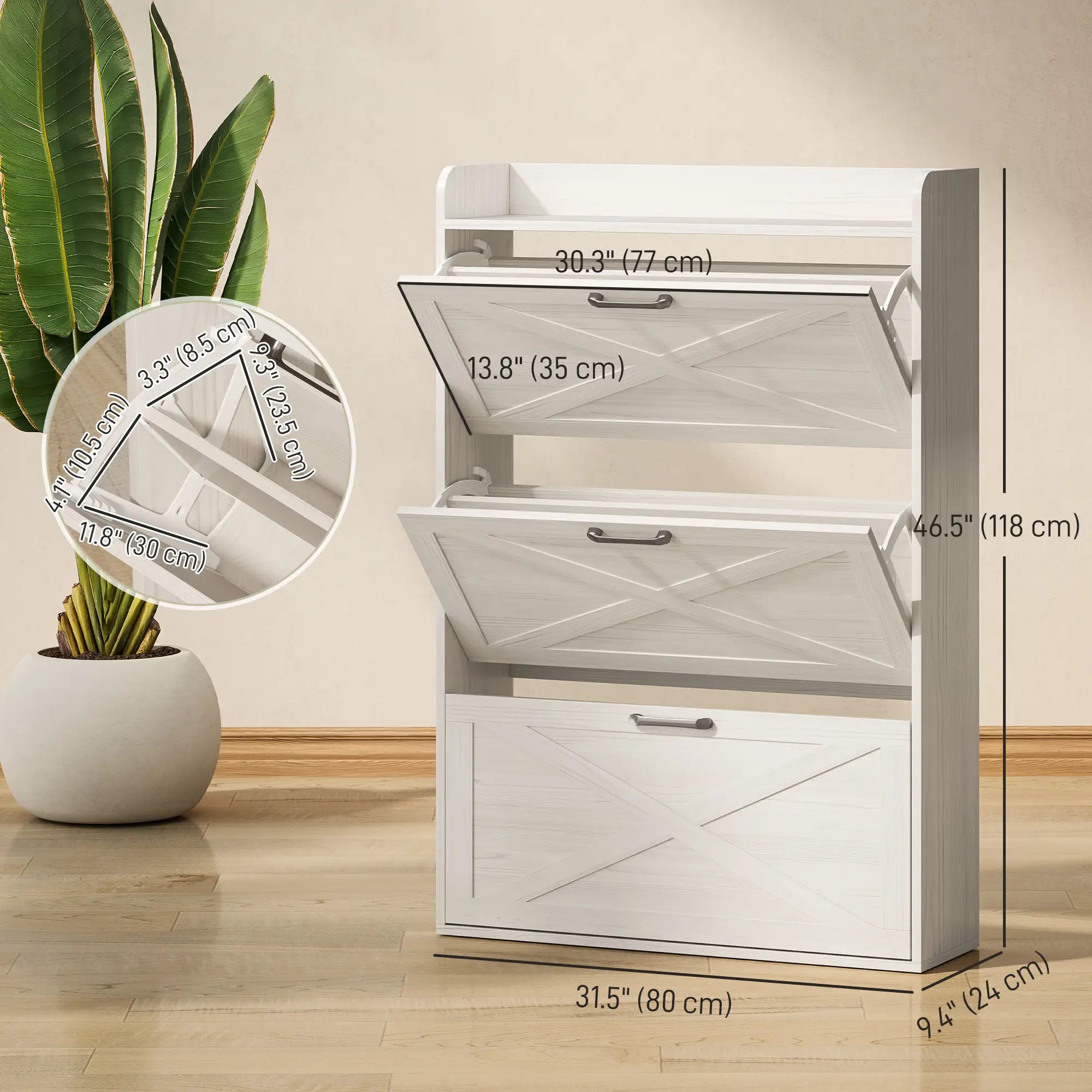 Narrow Shoe Storage Cabinet, 3 Flip Drawers, Adjustable Shelves, White Oak Shoe Storage Cabinets & Racks at Gallery Canada