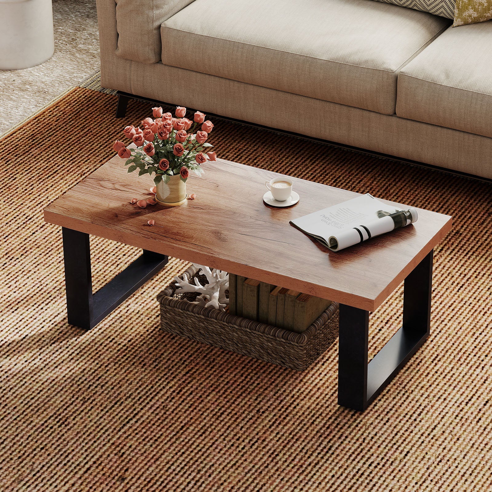 47 inch Farmhouse Style Rustic Coffee Table with Thickened Tabletop and Natural Wood Texture, Oak Coffee Tables at Gallery Canada