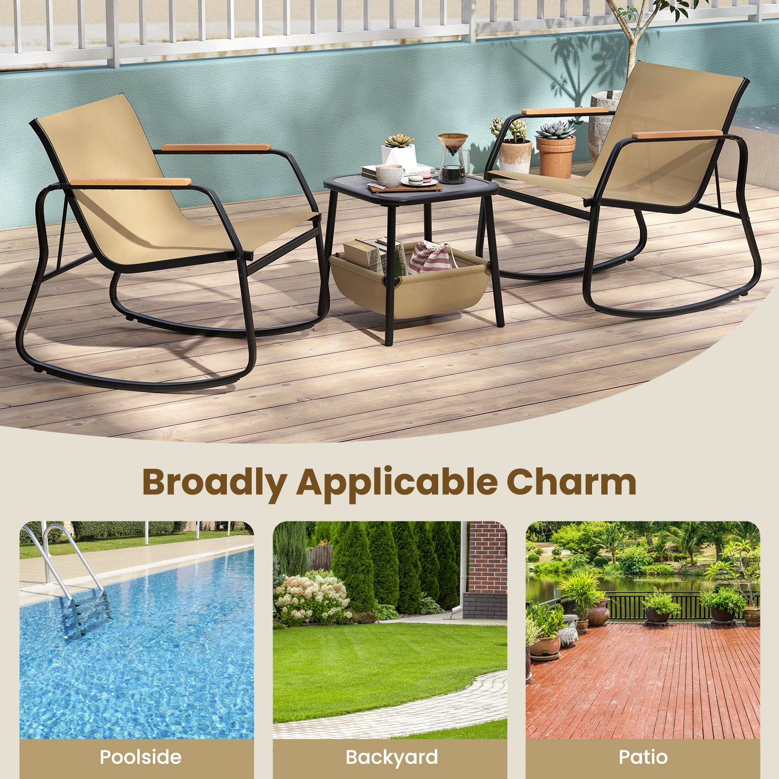 3 Piece Rocking Bistro Chairs and Side Table Set with Storage Bag, Brown Patio Conversation Sets at Gallery Canada