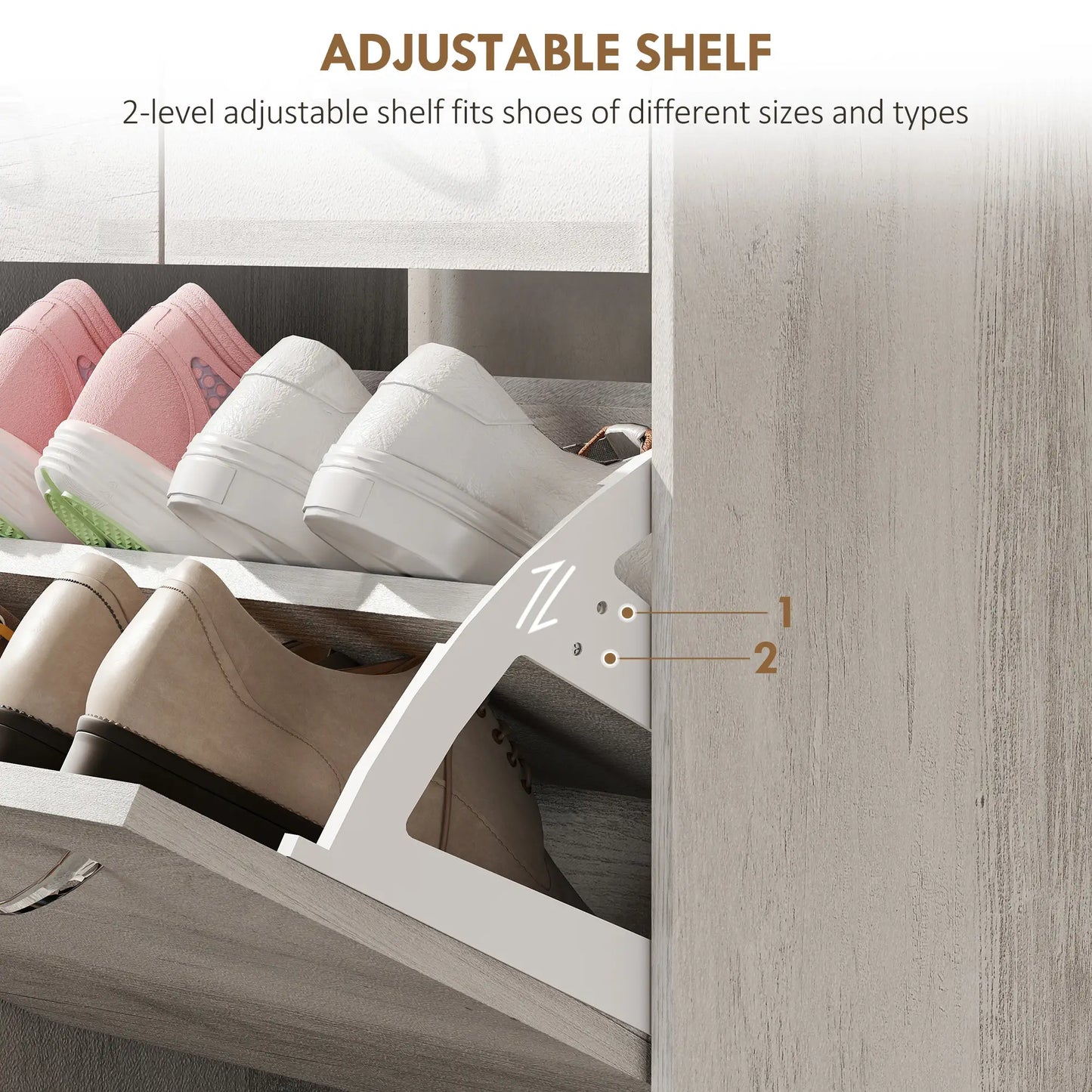 Rangement étroit pour chaussures, 2 tiroirs à rabat, étagères réglables, 12 paires, gris