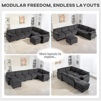 Modular Sectional Sofa, Oversized U-Shaped, Spring Cushion, Corduroy, Charcoal Grey 3-Seater Sofas at Gallery Canada