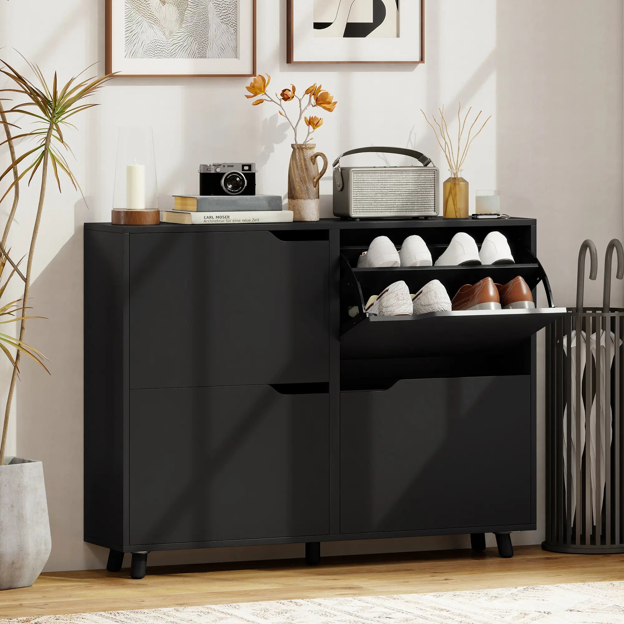 Narrow Shoe Cabinet, 4 Flip Drawers, Adjustable Shelves, 16 Pairs, Black Shoe Storage Cabinets & Racks at Gallery Canada