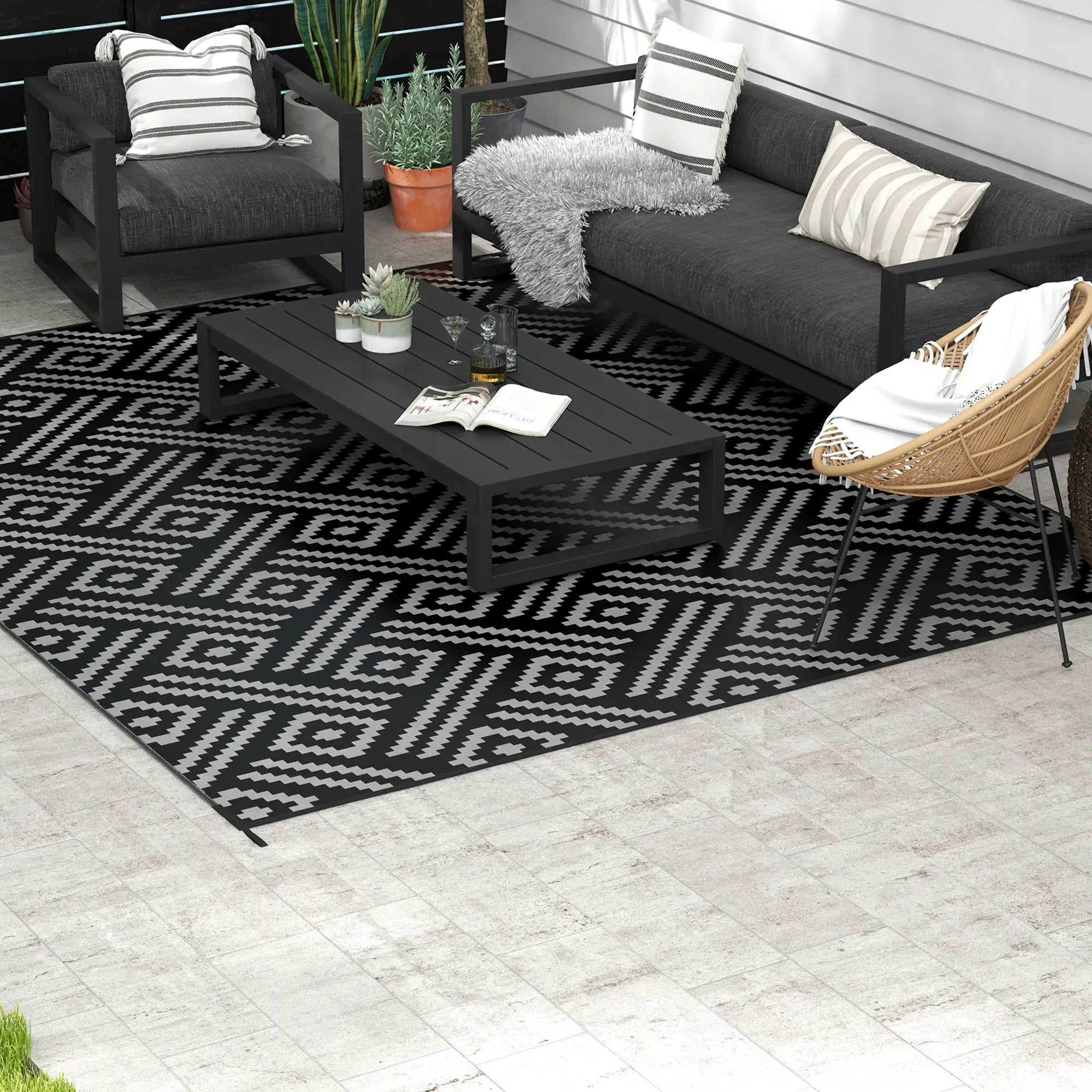 Reversible Outdoor Rug, Waterproof, 9' x 12', Geometric, Black Grey Outdoor Reversible Rugs at Gallery Canada