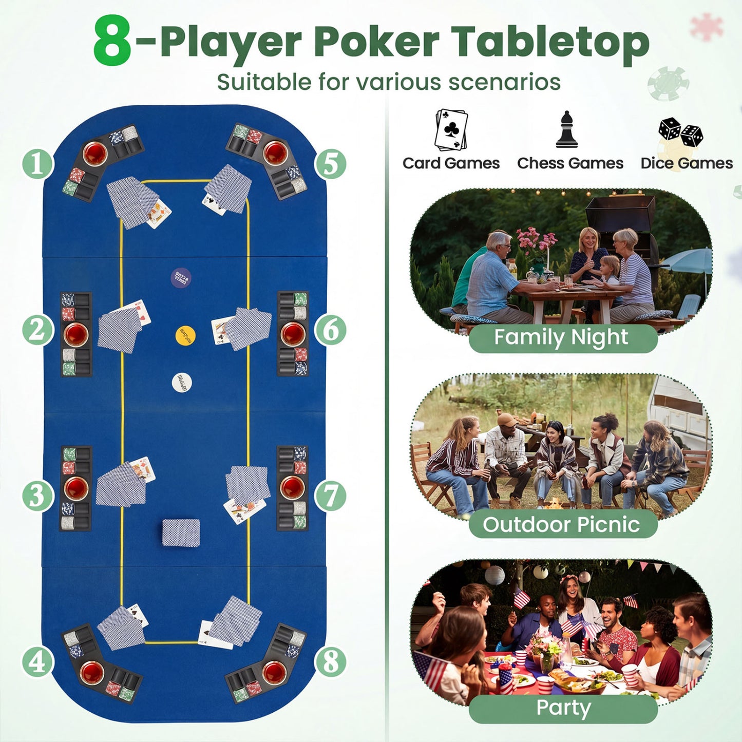79x36 In 8-Player Foldable Poker Table Top, Blue Game Room at Gallery Canada