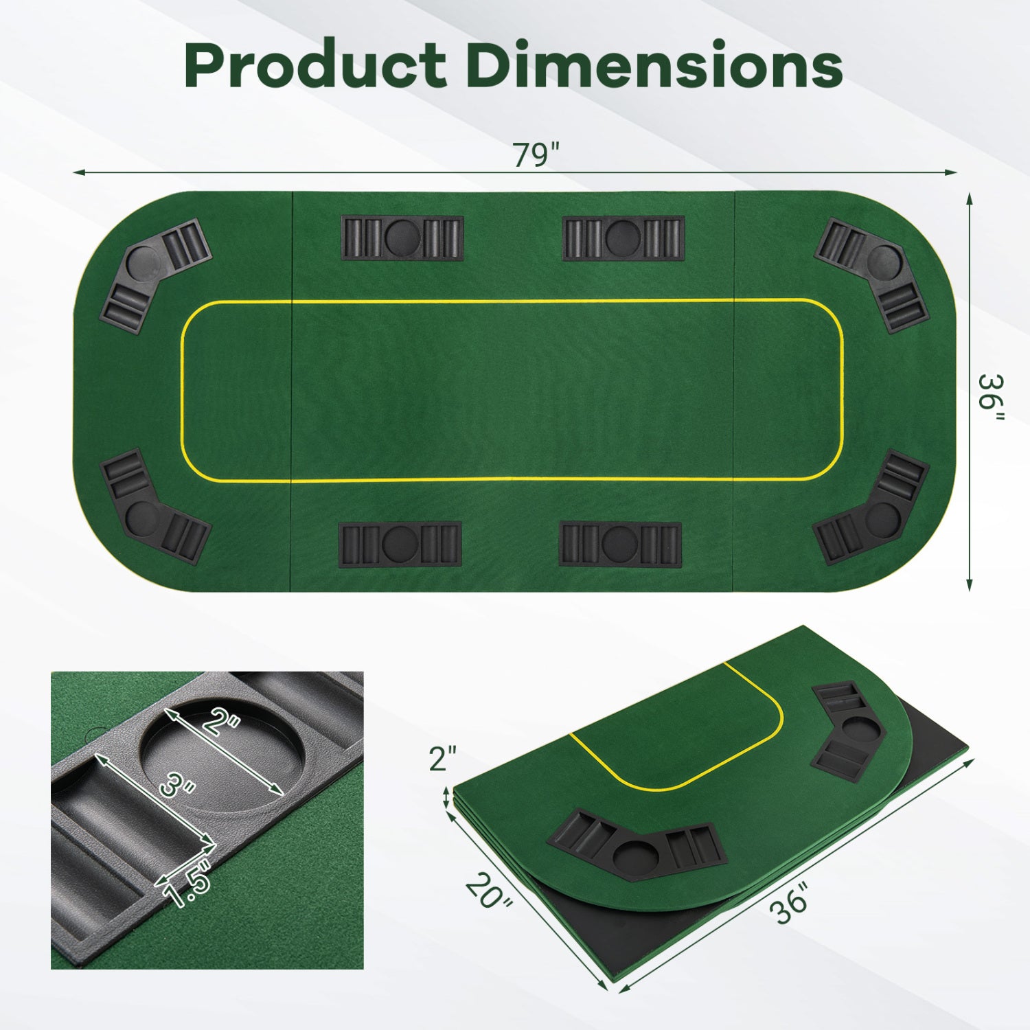 79 x 36 Inch Foldable Poker Table Top, With Carry Bag, Cup Holders, Green Game Room at Gallery Canada