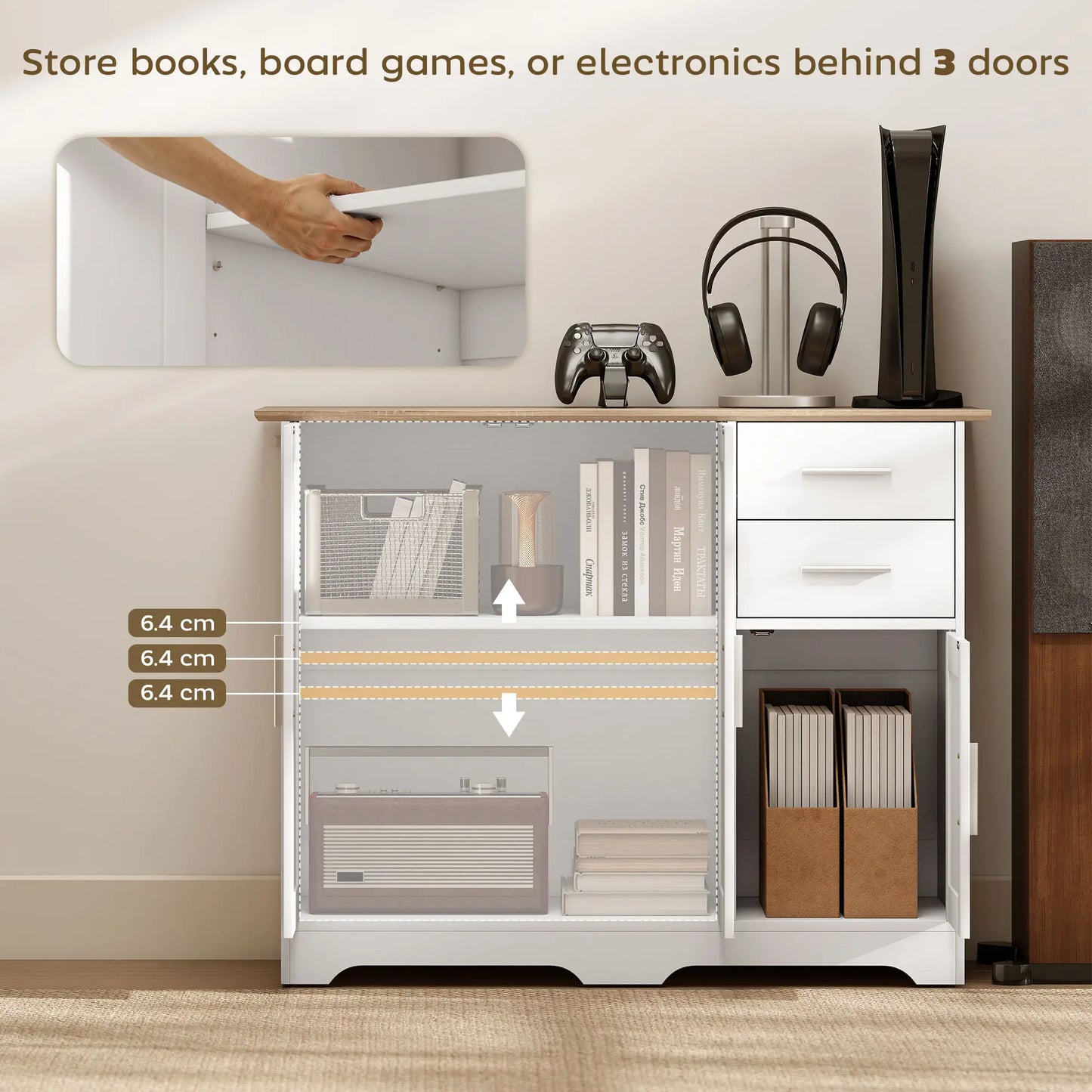 40" Sideboard Buffet Cabinet, Modern Kitchen Storage Cabinet with 2 Drawers, 3 Doors &; Adjustable Shelf, White Storage Cabinets at Gallery Canada