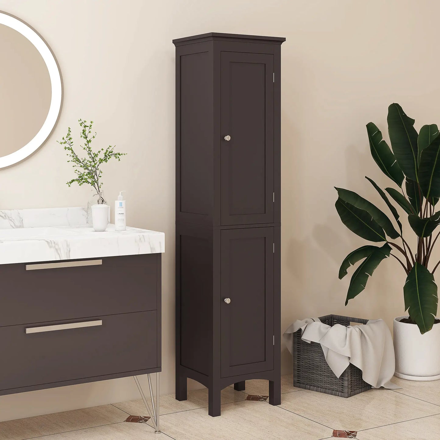 Tall Bathroom Cabinet, Freestanding Storage, Adjustable Shelves, 15" x 13" x 63", Dark Brown Bathroom Cabinets at Gallery Canada