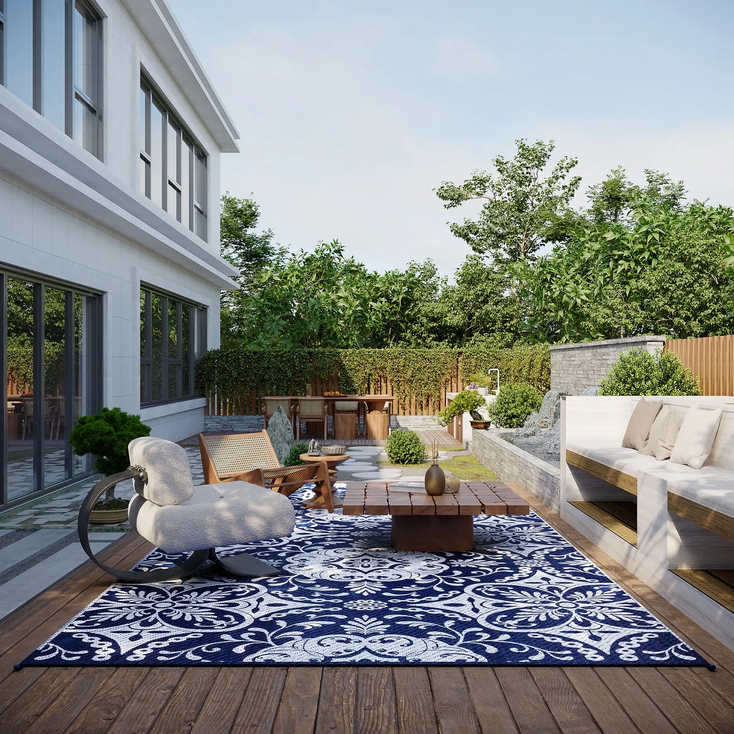 Portable Outdoor Rug, 9' x 18', Waterproof, White Flower, Blue Outdoor Reversible Rugs at Gallery Canada