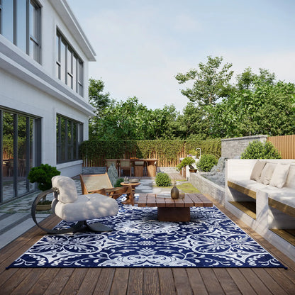 Portable Outdoor Rug, 9' x 18', Waterproof, White Flower, Blue Outdoor Reversible Rugs at Gallery Canada