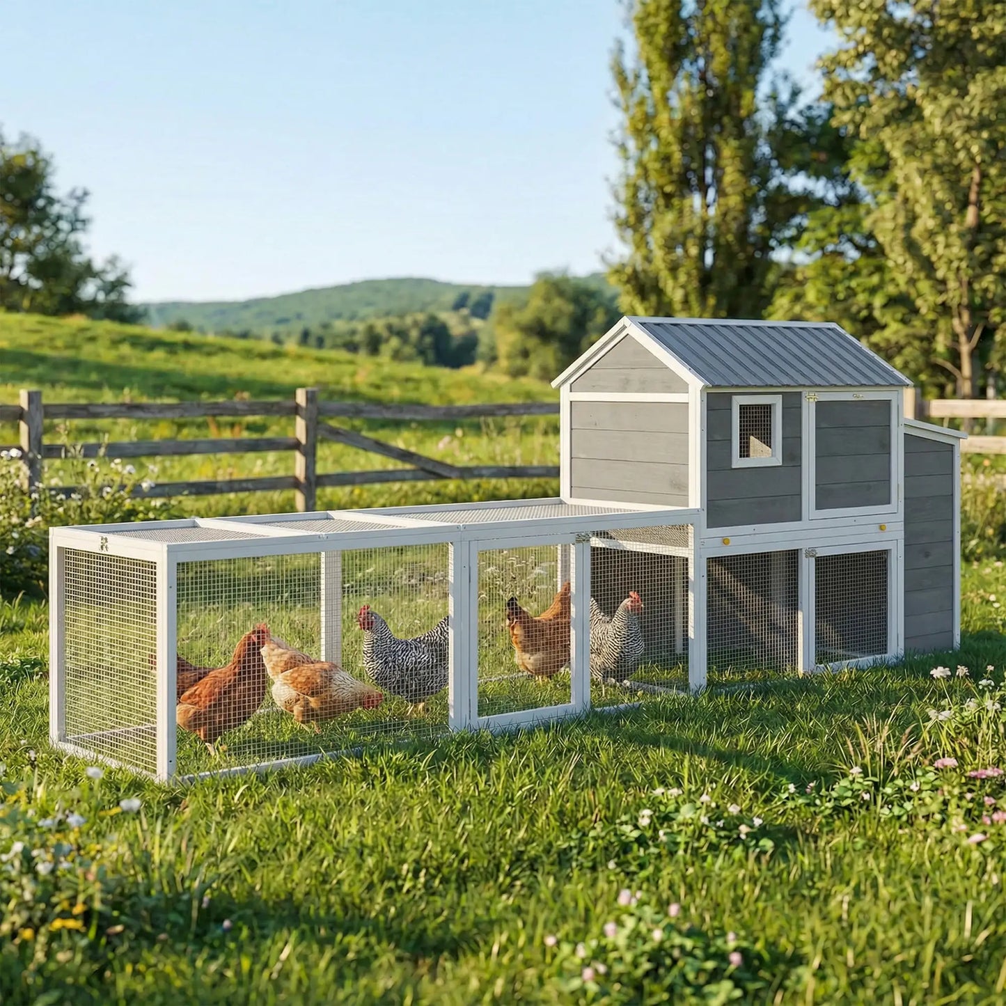 Large Chicken Coop, 134"L Wooden House With Run, Nesting Box, Slide-Out Tray Chicken Coops at Gallery Canada