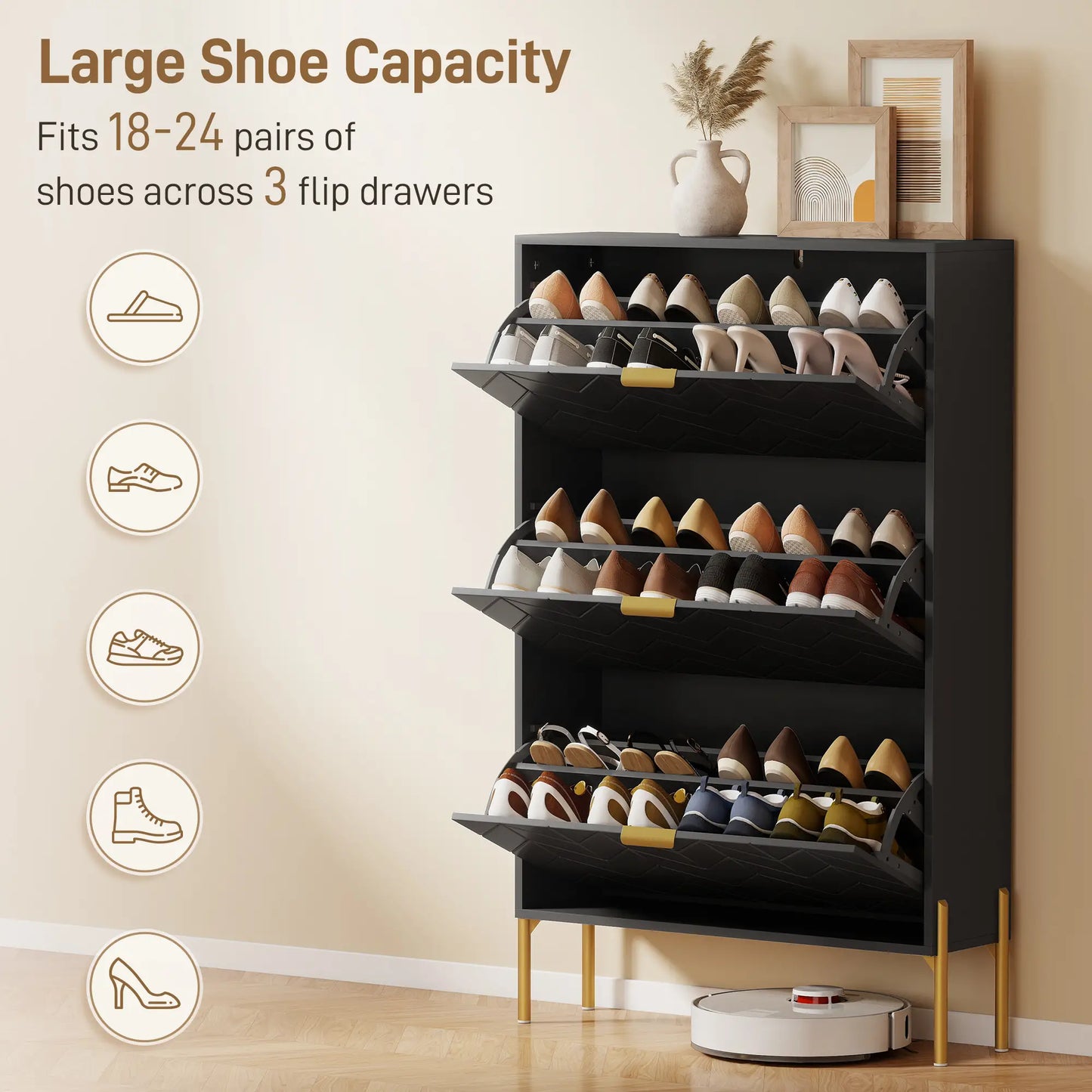 Shoe Cabinet, 3 Flip Drawers, Adjustable Shelves, Black Shoe Storage Cabinets & Racks at Gallery Canada