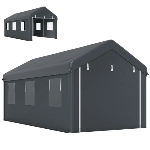 10' x 20' Heavy Duty Portable Garage, 6 Mesh Windows, 2 Doors, Dark Grey