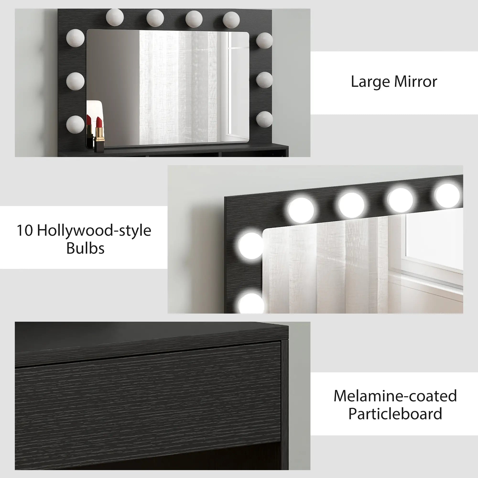 Vanity Table With LED Mirror, Charging Station, Drawers, Black Dressing & Vanity Tables at Gallery Canada
