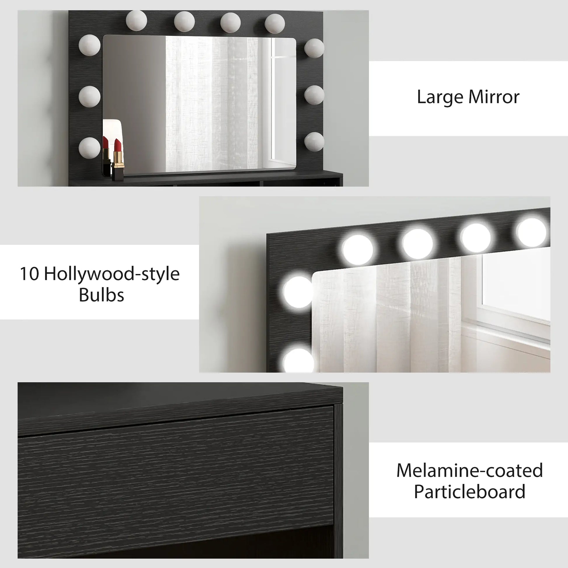 Vanity Table With LED Mirror, Charging Station, Drawers, Black Dressing & Vanity Tables at Gallery Canada