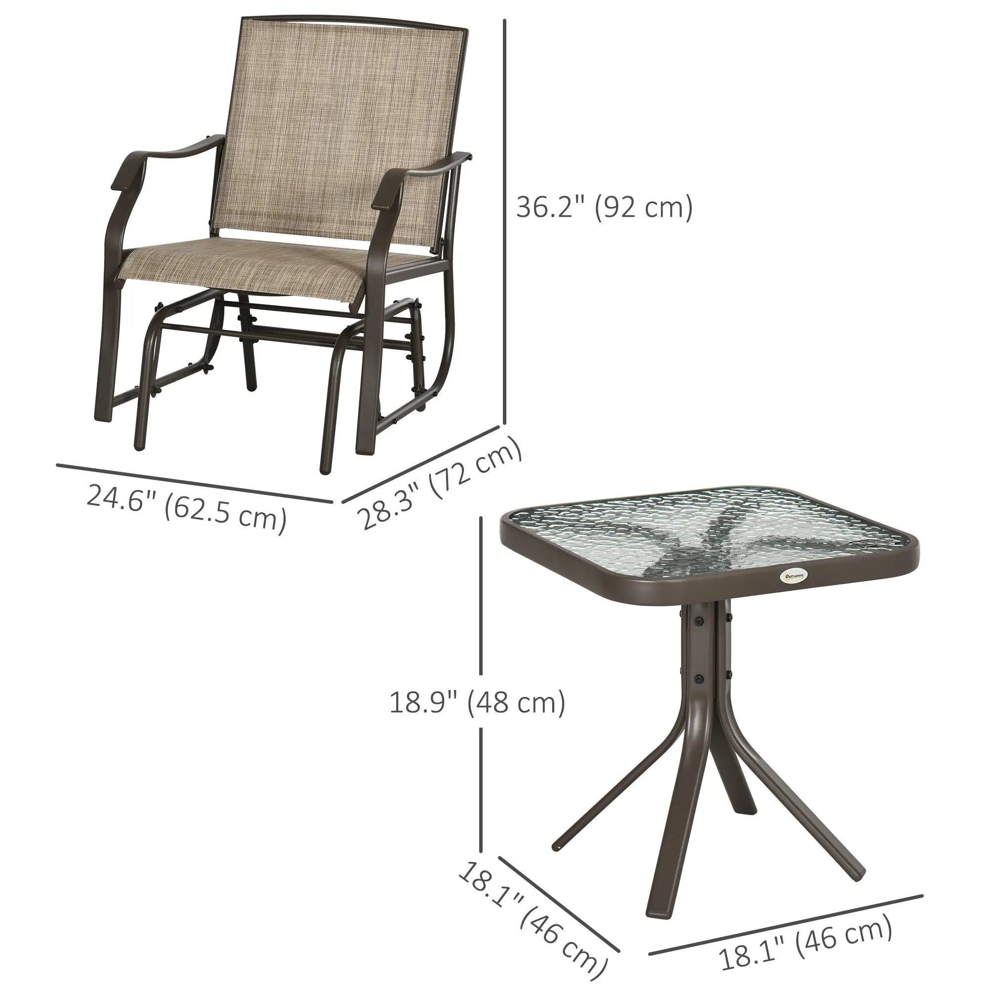 3 Piece Patio Glider Set, Outdoor Gliders, Mesh Seat, Glass Table, Mixed Brown, Brown Outdoor Gliders at Gallery Canada