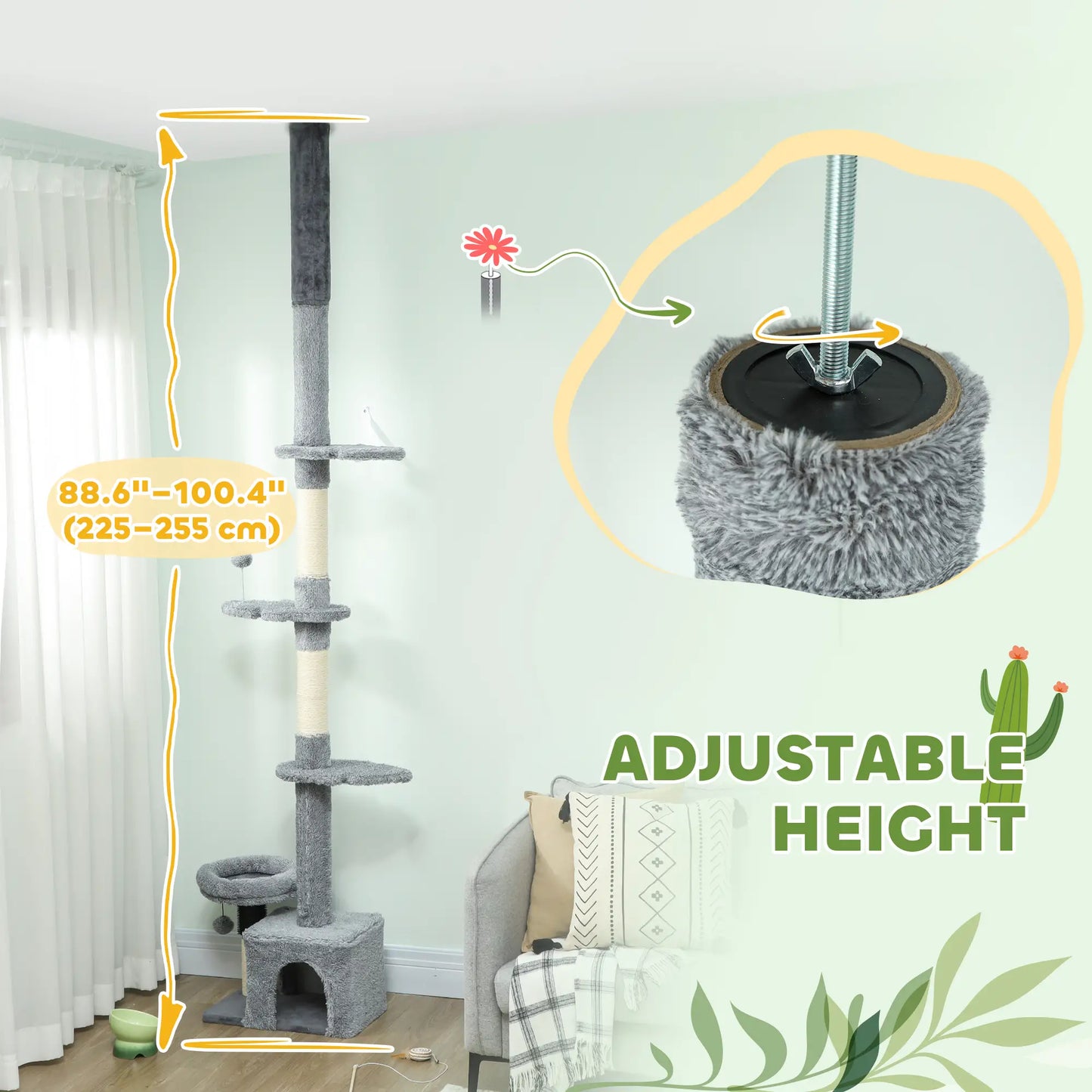 Floor to Ceiling Cat Tree, 4 Tiers, Adjustable Height 87-100" Floor to Ceiling Cat Trees at Gallery Canada