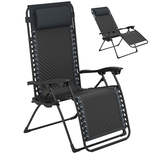 Wicker Folding Lounge Chair, Adjustable Backrest, Rattan Recliner with Headrest, Side Table Tray, Black Lounger Chairs Black at Gallery Canada