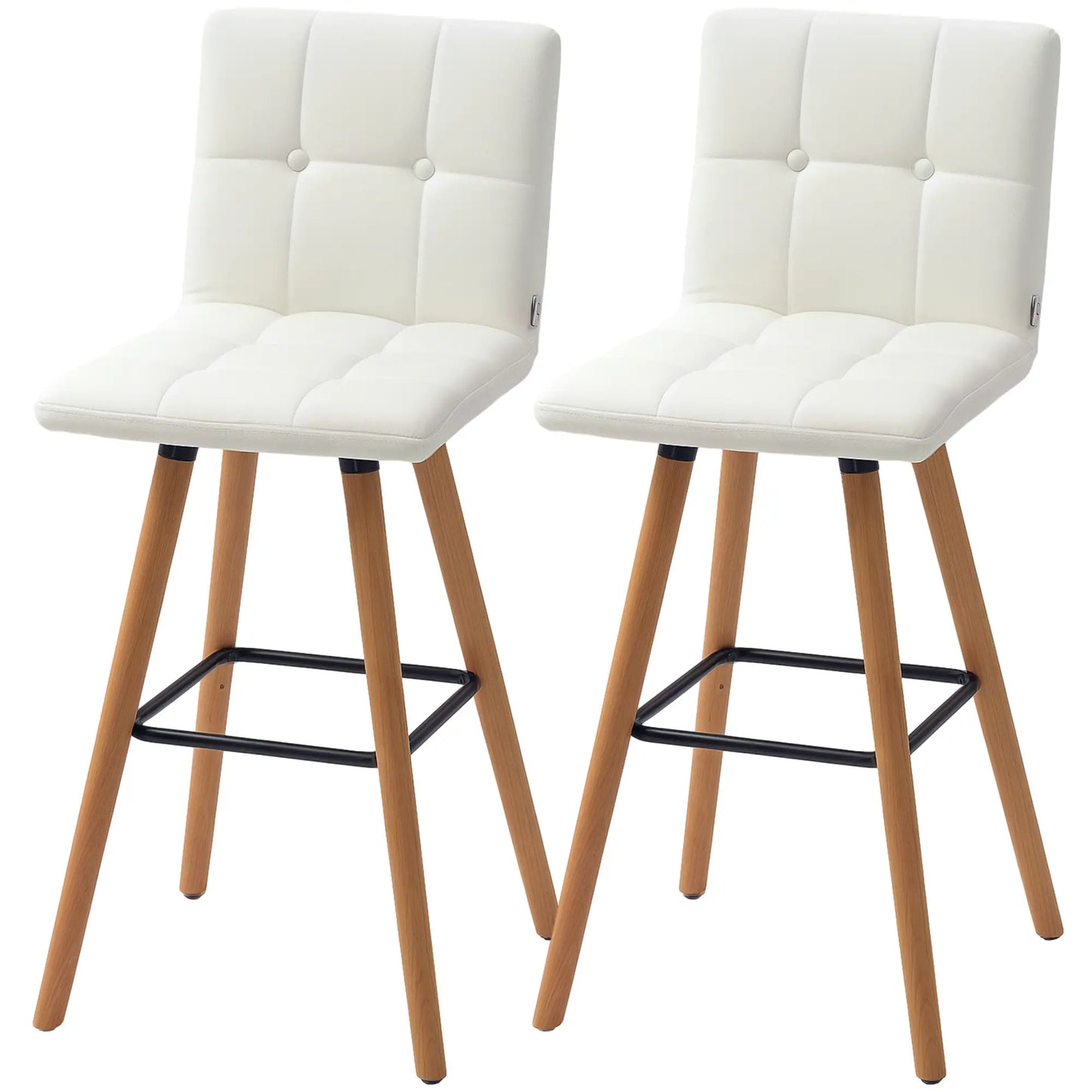 Modern Bar Stools Set of 2, 38" Upholstered, Solid Wood Legs, White Bar Stools White at Gallery Canada