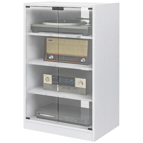 5-Tier Media Cabinet, Adjustable Shelves, Tempered Glass Doors, Distressed, White