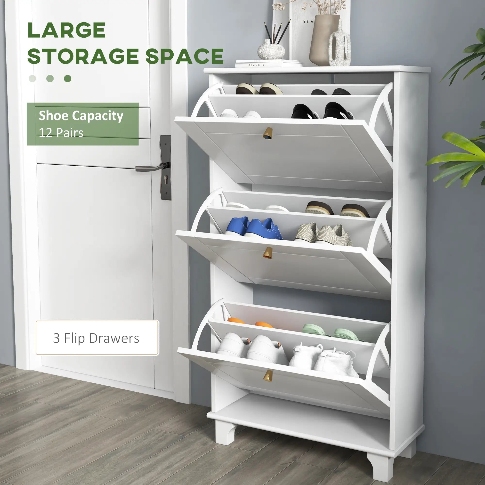 Narrow Shoe Storage, 3 Flip Drawers, Adjustable Shelves, Holds 12 Pairs, White Shoe Storage Cabinets & Racks at Gallery Canada