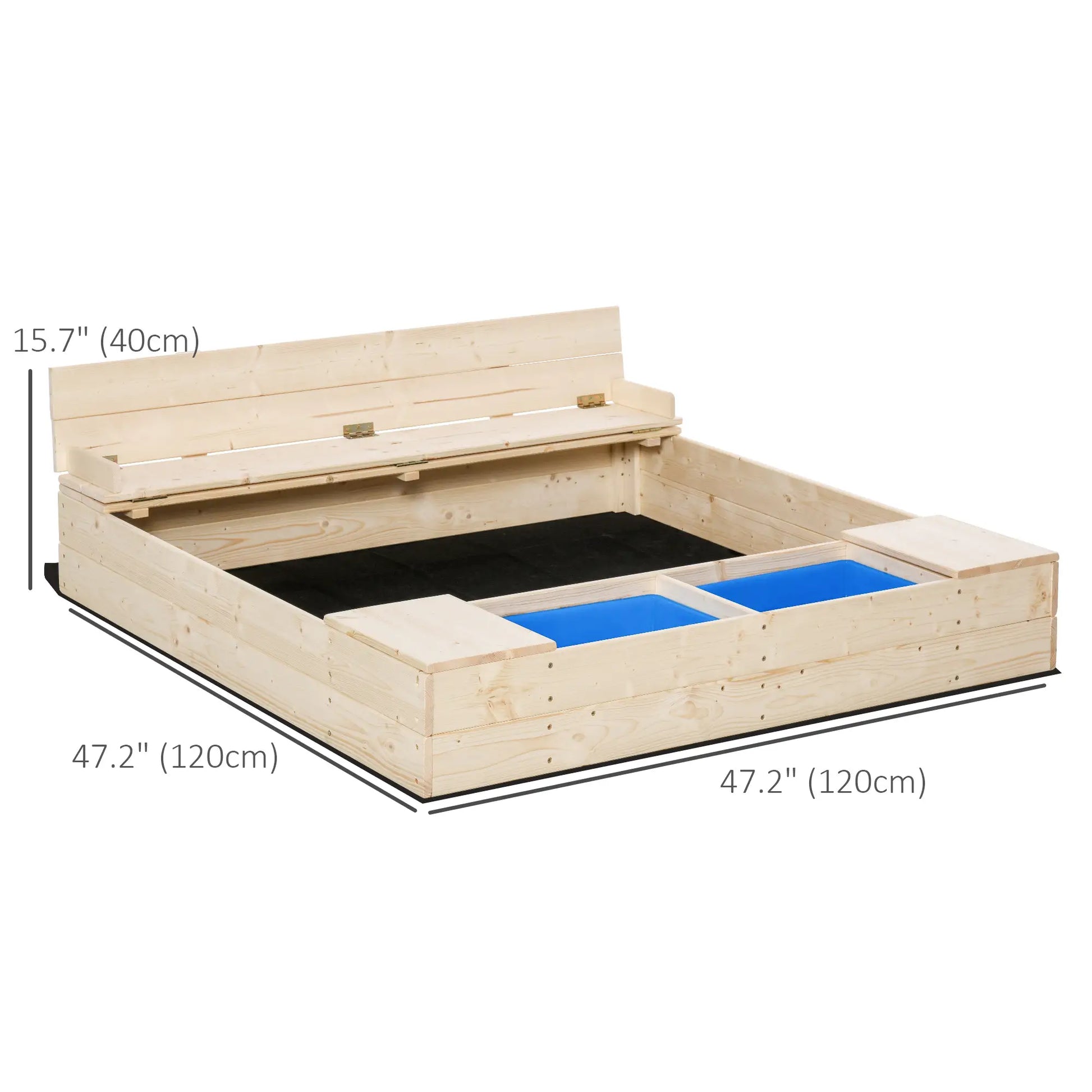 Kids Wooden Sandbox with Foldable Bench, 2 Plastic Boxes, Liner Sandboxes & Accessories at Gallery Canada