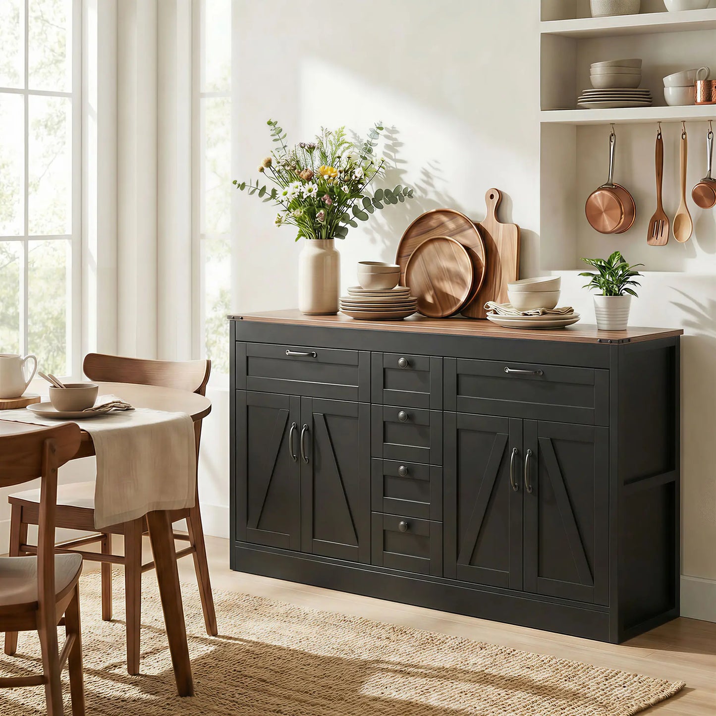 55" Sideboard Buffet Cabinet, Farmhouse Kitchen With Barn Doors, Black Bar Cabinets at Gallery Canada