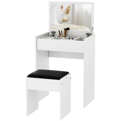 Ensemble de coiffeuse moderne, table de maquillage avec tabouret rembourré, miroir rabattable, blanc