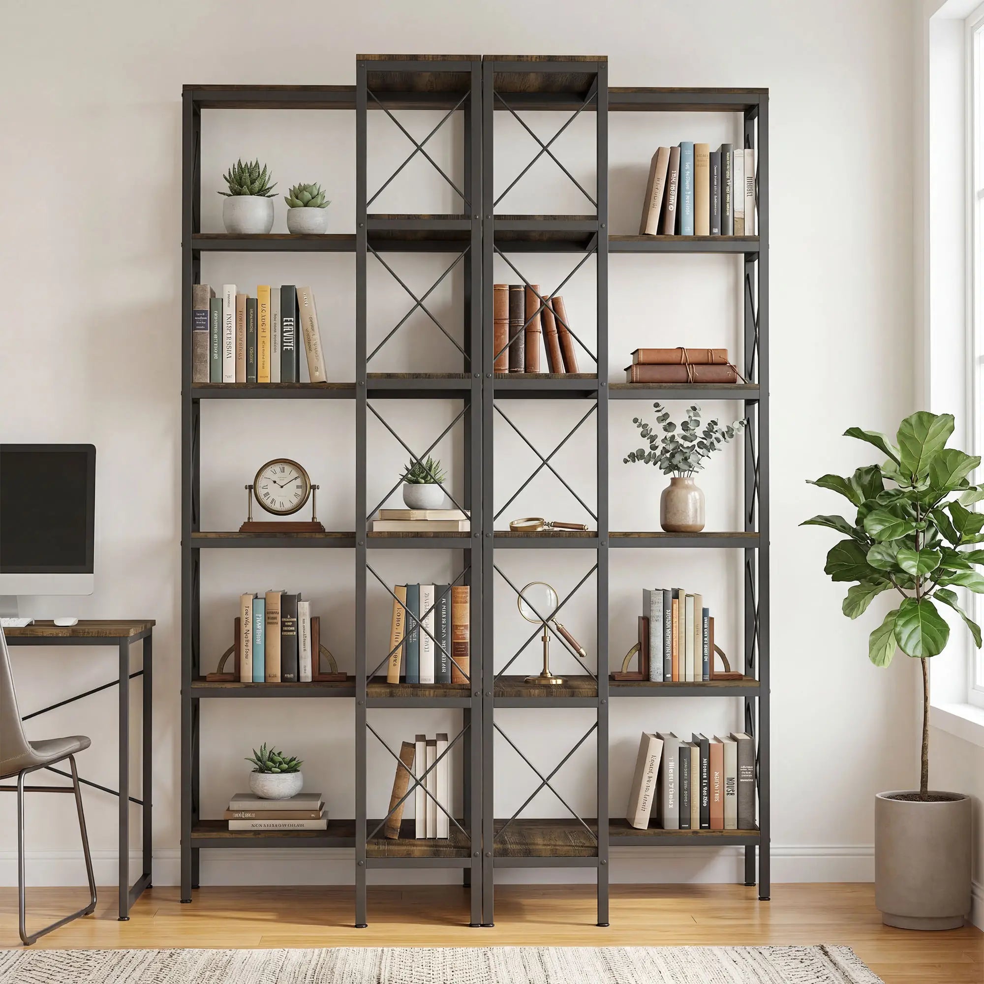 6-Tier L-Shaped Bookshelf, Freestanding Corner Bookcase with Metal Frame, Rustic Brown Display Bookshelves at Gallery Canada