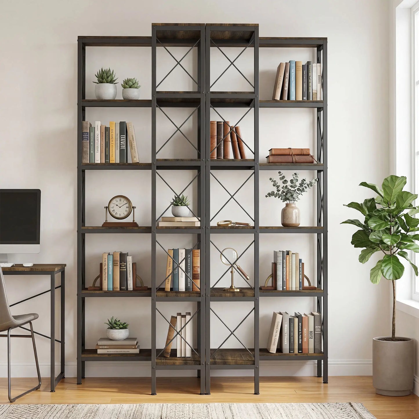 6-Tier L-Shaped Bookshelf, Freestanding Corner Bookcase with Metal Frame, Rustic Brown Display Bookshelves at Gallery Canada