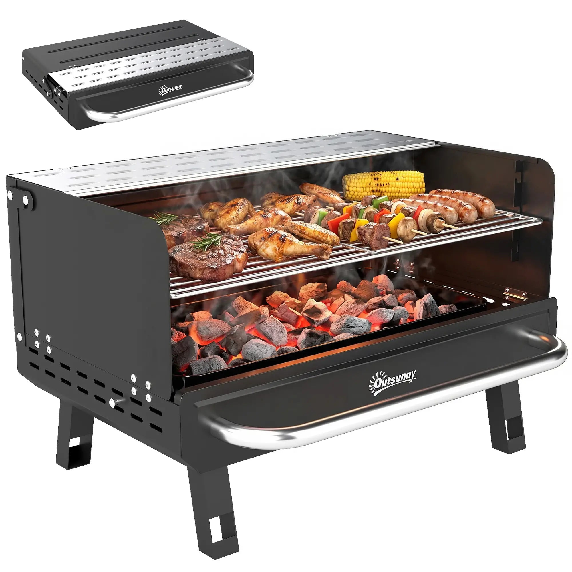 Charcoal BBQ Grill, Portable with Adjustable Grates, Foldable Legs, Black Charcoal BBQ Grils at Gallery Canada