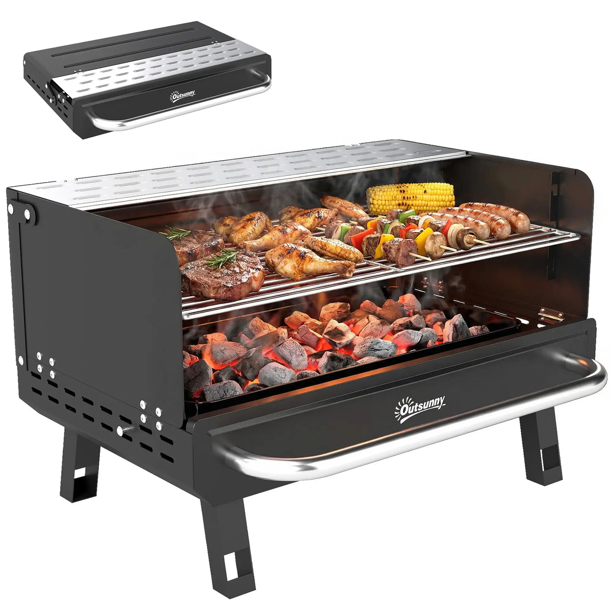 Charcoal BBQ Grill, Portable with Adjustable Grates, Foldable Legs, Black Charcoal BBQ Grils at Gallery Canada