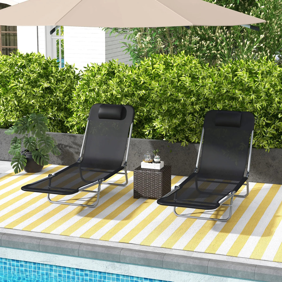 Folding Outdoor Lounge Chair Set, 2 Reclining Tanning Chairs, 5-Position Adjustable Backrest, Black