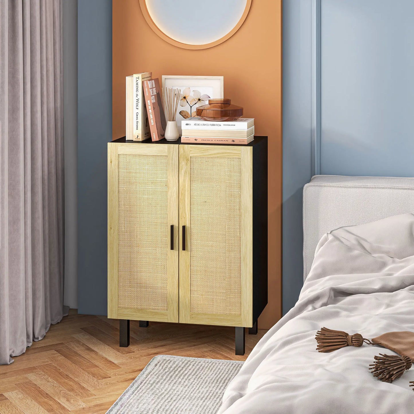 Boho Sideboard, Buffet Cabinet with Storage, 2 Rattan Doors, Black Storage Cabinets at Gallery Canada