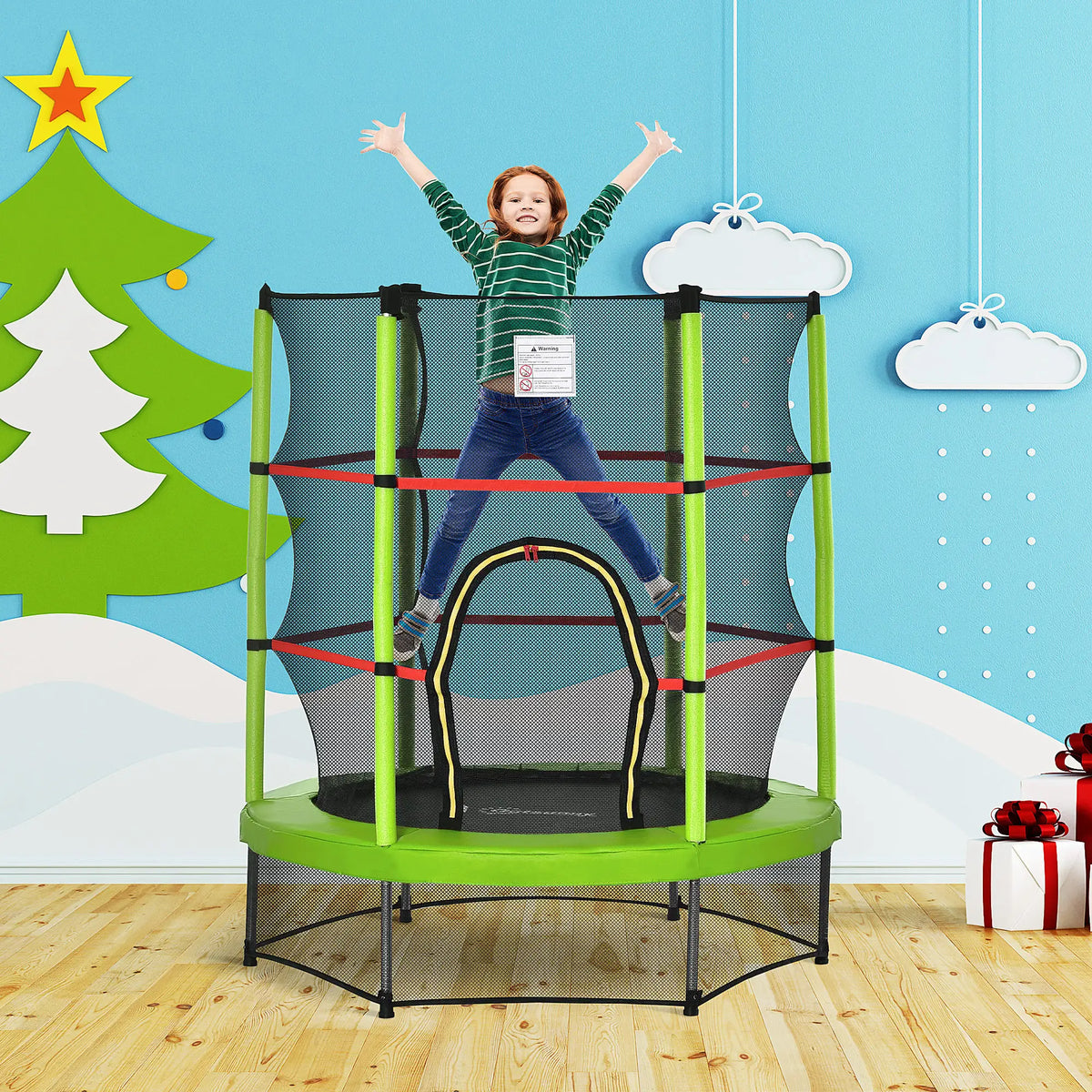 55 Inch Kids Trampoline with Enclosure Net, Indoor Outdoor, Green Trampolines at Gallery Canada