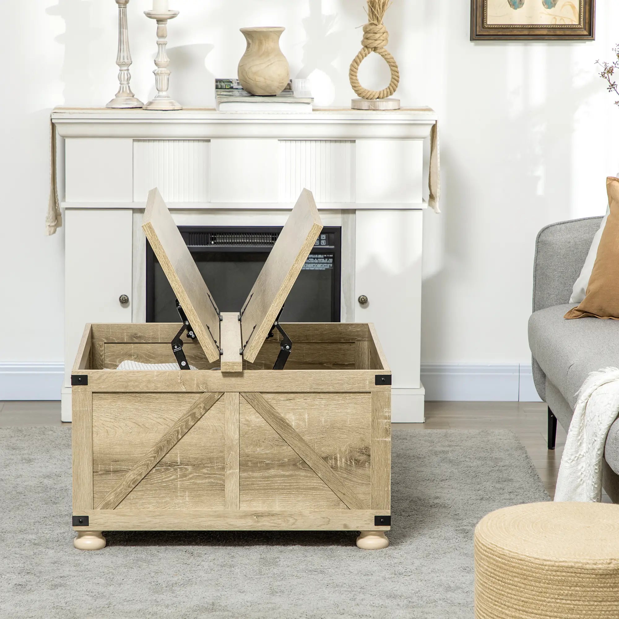 Farmhouse Coffee Table, Square Flip-Top Lid, Hidden Storage, Oak Coffee Tables at Gallery Canada