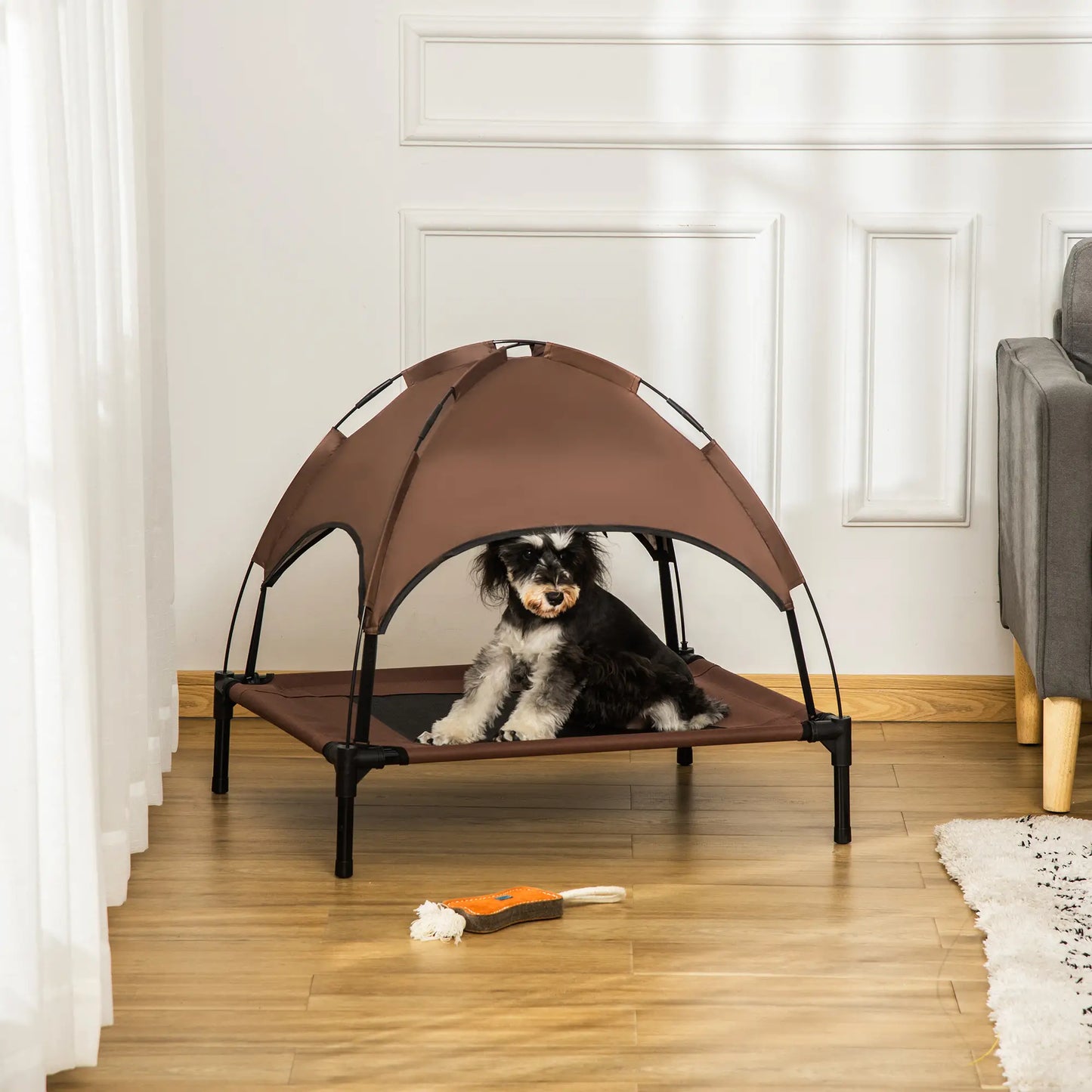 Elevated Dog Bed with Canopy, Portable Dog Cot, 30" x 24" x 29", Coffee Elevated Dog Beds at Gallery Canada
