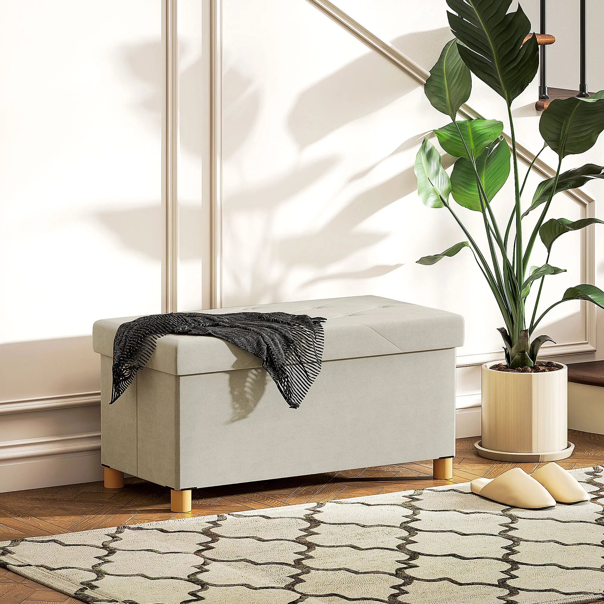 Velvet Upholstered Foldable Storage Ottoman Bench, Wood Legs Storage Ottomans & Benches at Gallery Canada