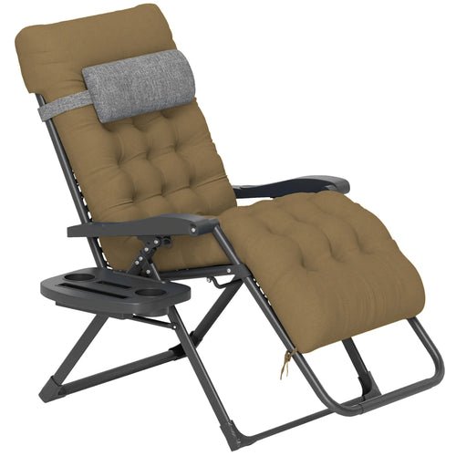 Padded Folding Recliner Chair, Adjustable Backrest, Removable Cushion, Light Khaki