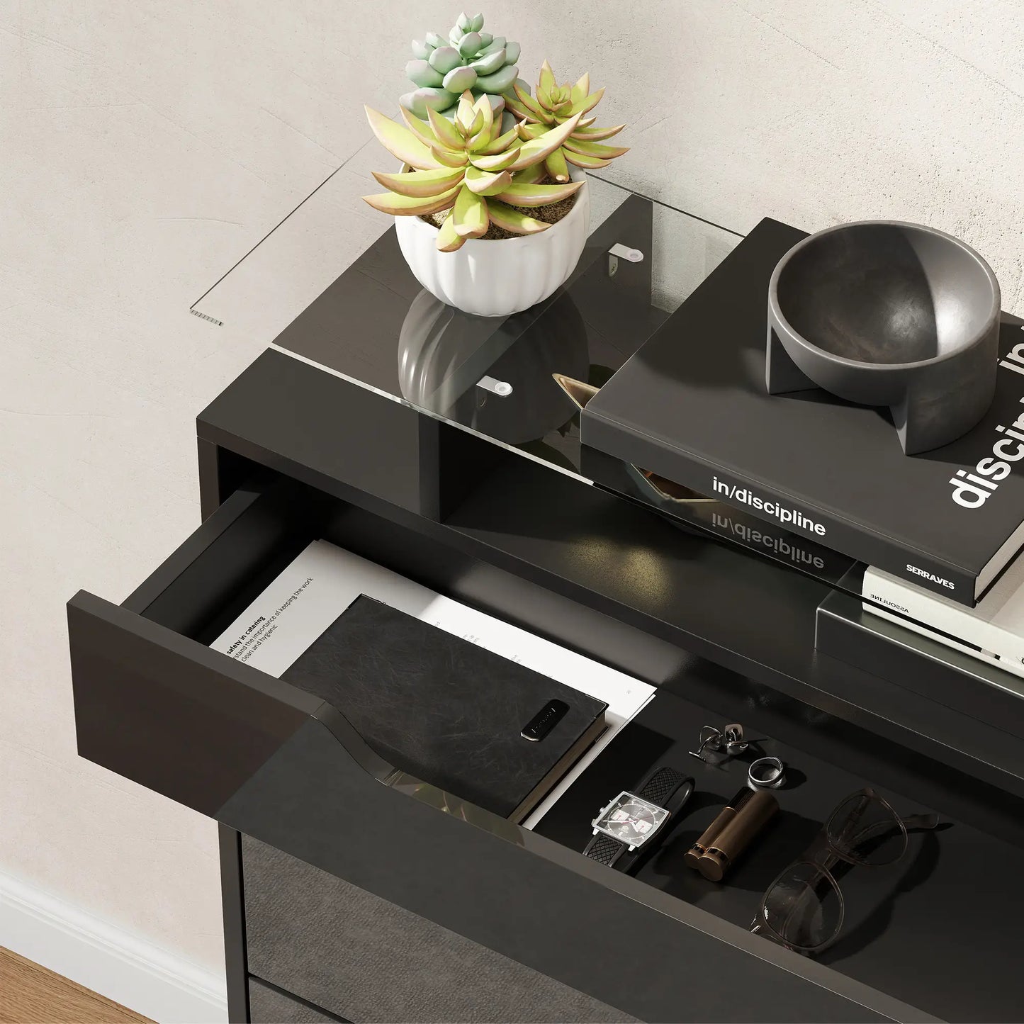 High Gloss Shoe Cabinet, 2 Flip Drawers, Adjustable Shelves, Black, Black Storage Cabinets at Gallery Canada