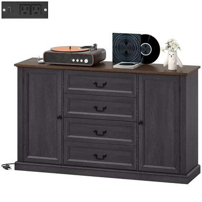 Farmhouse Sideboard with Charging Station, 58" Buffet Cabinet, Black