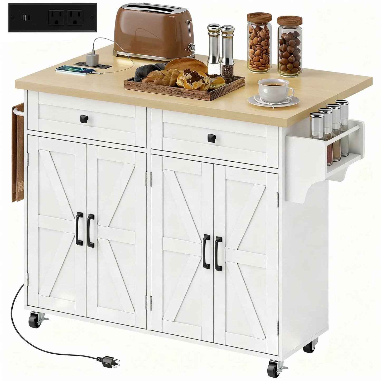 Rolling Kitchen Cart With Charging Station, Drop Leaf, Drawers