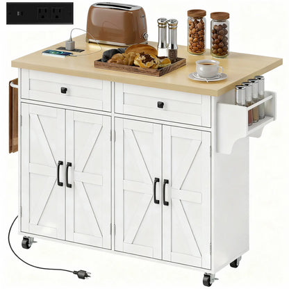 Rolling Kitchen Cart With Charging Station, Drop Leaf, Drawers
