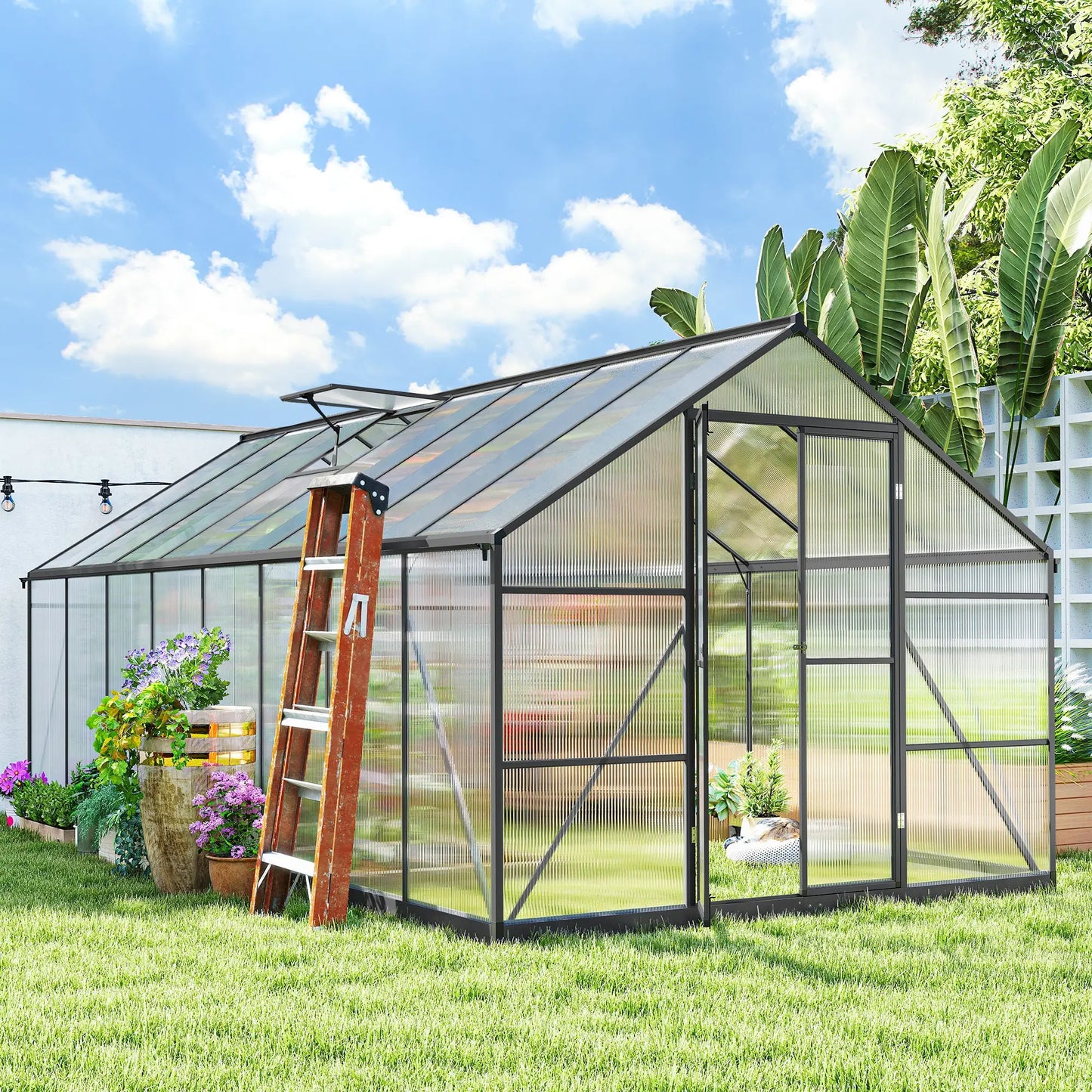 Polycarbonate Greenhouse, Walk-In With Windows, 8' x 16' x 7', Dark Grey