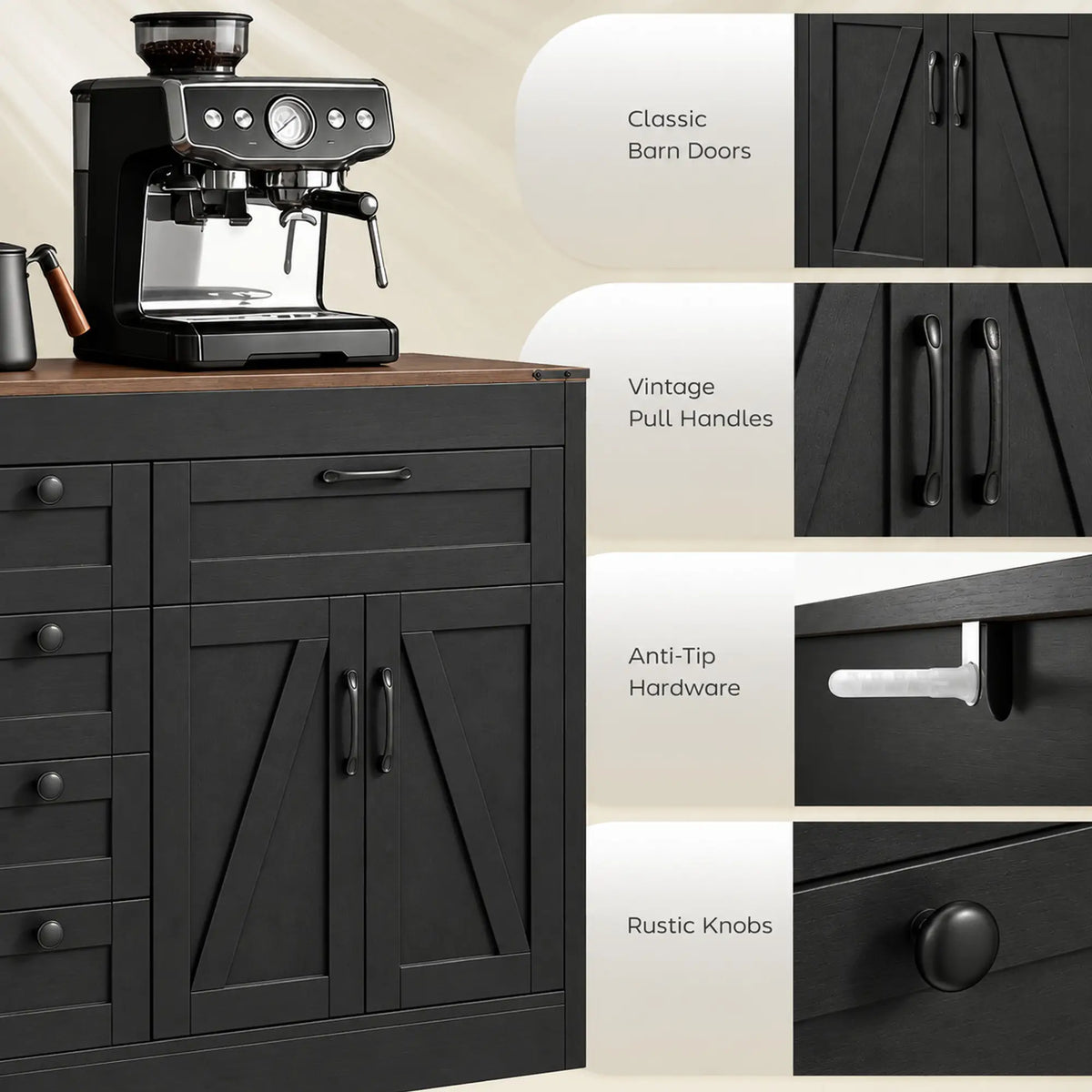 55" Sideboard Buffet Cabinet, Farmhouse Kitchen With Barn Doors, Black Bar Cabinets at Gallery Canada