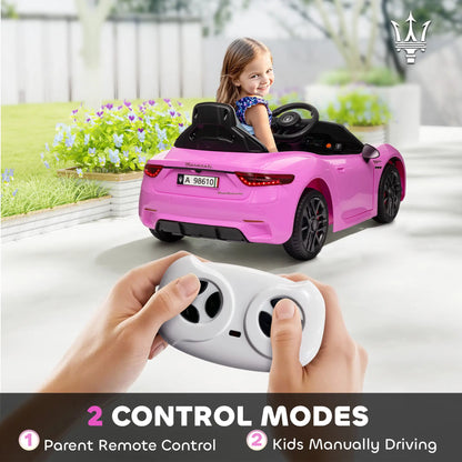 12V Maserati Gran Turismo Licensed Kids Electric Car w/ Remote Control, Soft Start, LED Lights, Music, Horn, MP3, Pink Electric Toy Cars at Gallery Canada