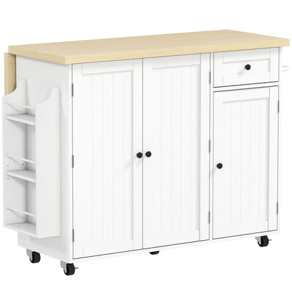 Kitchen Island Cart, Rolling Table with Drop Leaf, Drawer, Spice Rack, White Kitchen Islands & Kitchen Carts White, Natural at Gallery Canada