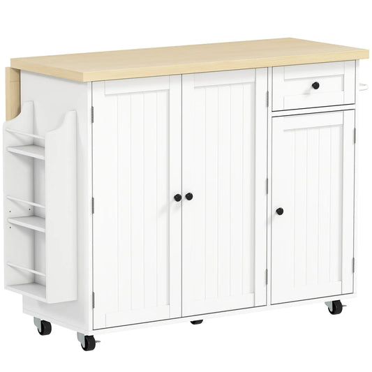 Kitchen Island Cart, Rolling Table with Drop Leaf, Drawer, Spice Rack, White Kitchen Islands & Kitchen Carts White, Natural at Gallery Canada