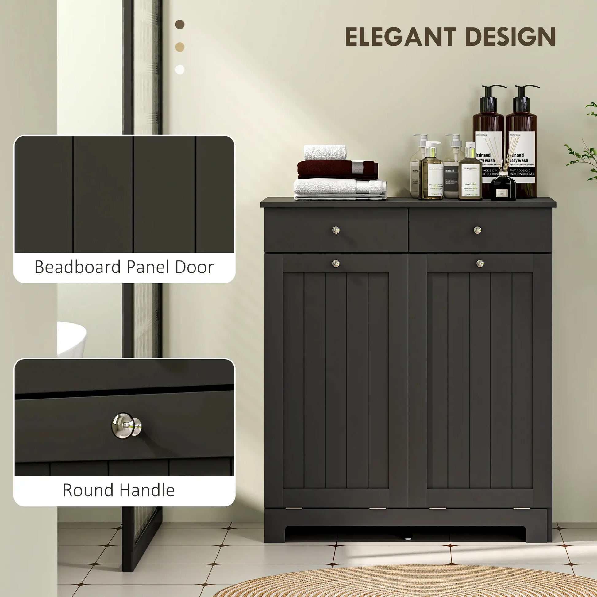 Laundry Cabinet, Tilt Out Hamper with 2 Baskets, 2 Drawers, Black Bathroom Cabinets at Gallery Canada